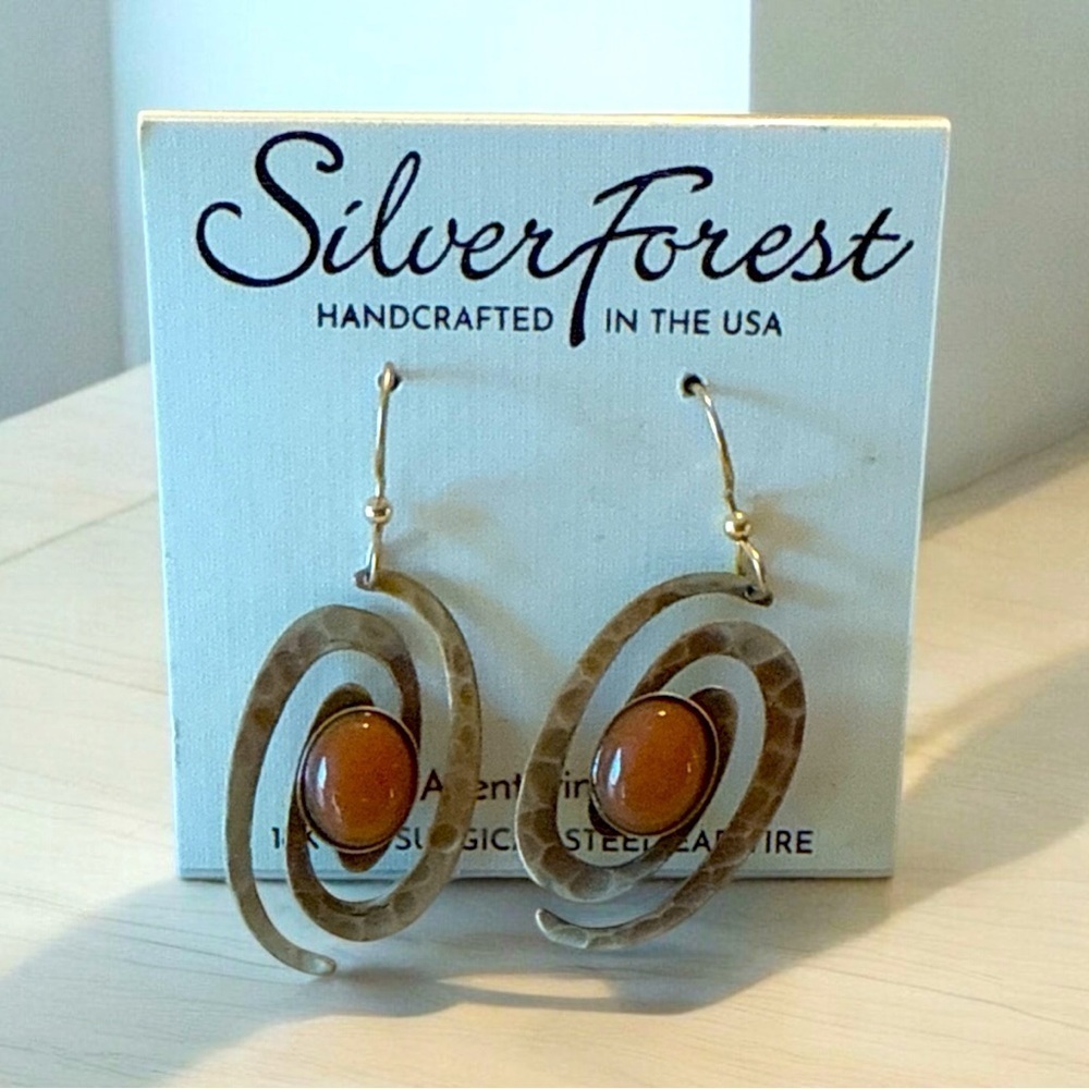 Silver Forest Hammered Frame Oval Aventurine 18k steel ear wire Earrings NE-2232